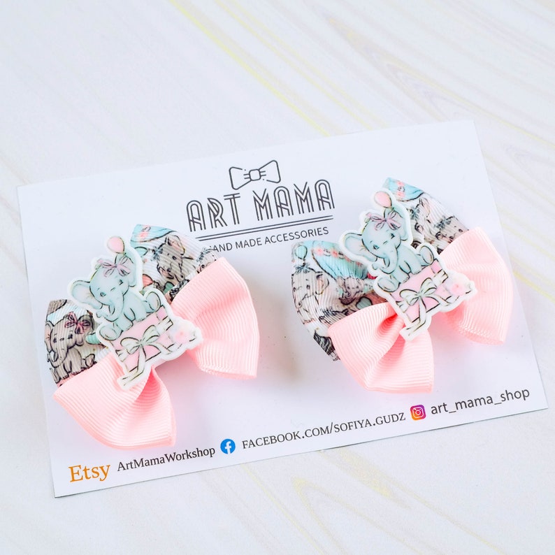 Elephant pink hair bow Girls hair clip with Elephant Holiday pigtails hair bow Piggies bow set Hair Clip Set for infant