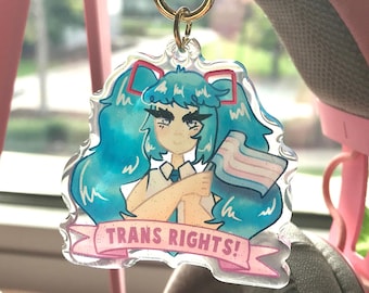 Trans Rights Hatsune Miku Keychain: Rainbow Glitter Acrylic, Golden Star Clasp