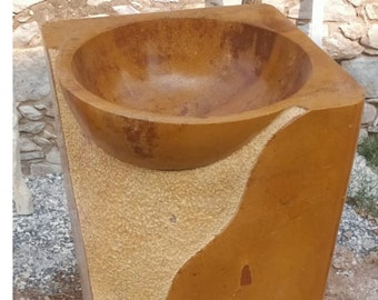 Rajasthan Jaisalmer Marble Pedestal Sink, Free Standing Square Natural Stone Sink Bathroom, Hand Carved Laundry Pedestal Wash Basin.