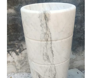 Indian White Marble Sink Vanity, Free Standing Natural Stone Pedestal Sink Bathroom, Round Sink, Hand Carved Wash Basin.
