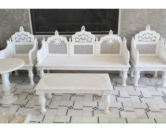 5 Seater White Marble Garden Outdoor Bench, Hand Carved Sofa Set for Garden, Handmade Beach Large Chairs .