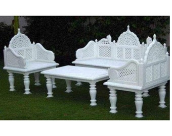 White Marble Hand Carved Sofa Set , 3 Seater Garden Outdoor Large Bench, 2 Chairs, 1 coffee table , Handmade Custom Furniture Set.
