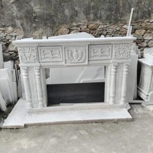 White Carved Marble Fireplace Mantle Facade, Natural Stone Custom Size Marble Fire Place Mantel for Home Decor.