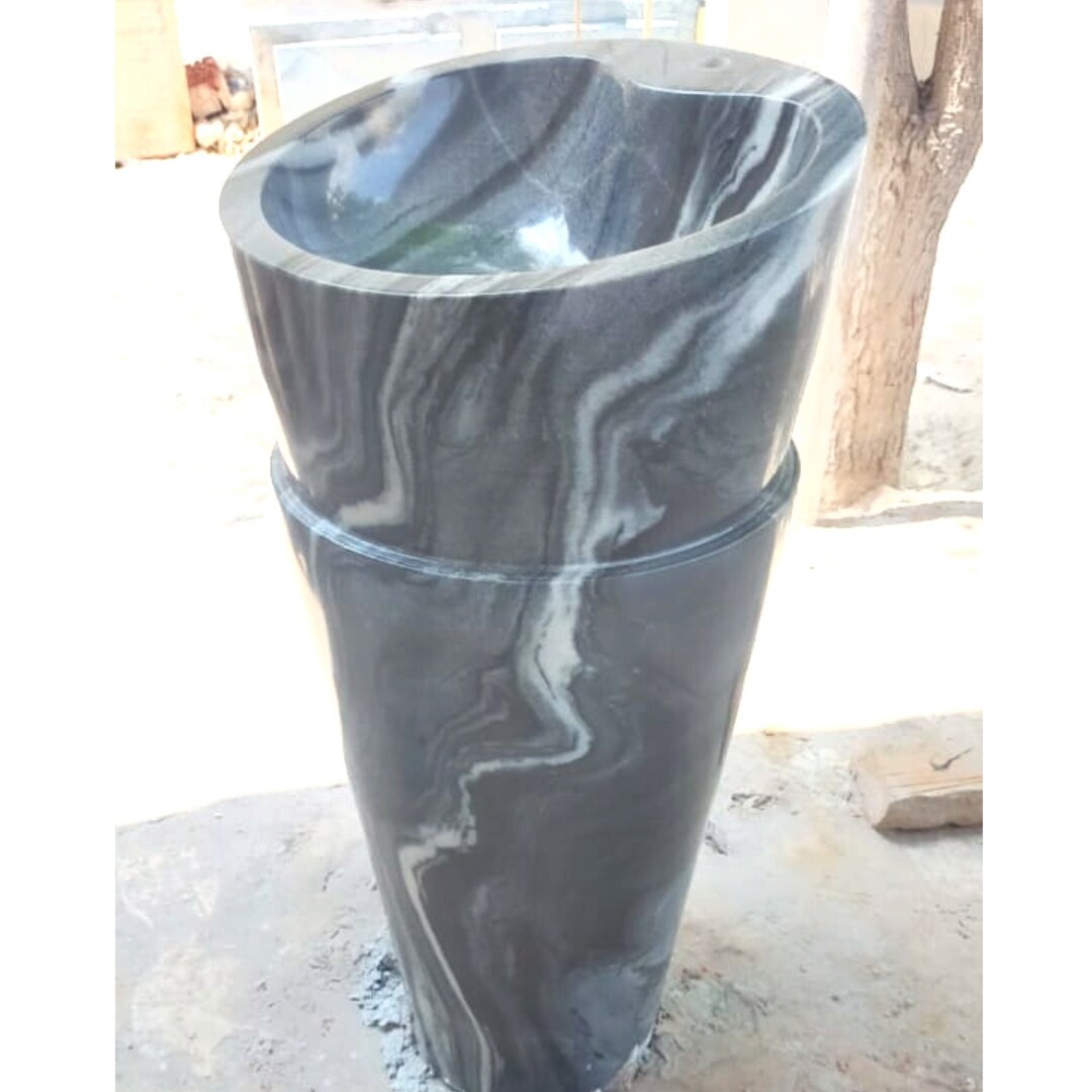 Free Standing Black Marble Basin, Natural Stone Pedestal Sink for