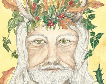 LARGE CARD A5 Green man/Winter Solstice/Yule/ Christmas card. Handmade by artist Angela Hodgson