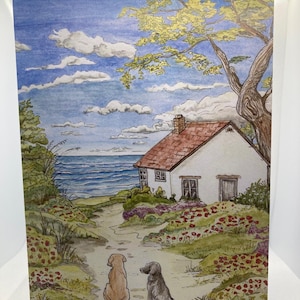 CARTE DE VUX A5 ~ « Chiens d'été et vacances à la mer » ~ vierge pour toutes les occasions ~ Illustrée par l'artiste Angela Hodgson