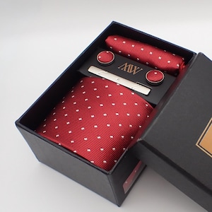 Red Diamond Pattern Tie Set / Pocket Square, Bowtie, Tie Clip, Cufflinks / Gift for Him / Wedding Groomsmen Gift / Men Gift Box