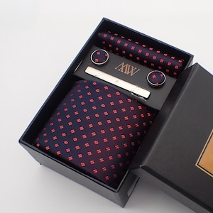 Wine Red Necktie Set / Pocket Square Tie Bowtie Cufflinks Set / Wedding Tie / Tie Clips / Gift for him Mens Groomsmen Gift