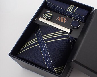 Navy Blue Stripe Pattern Tie Set / Pocket Square, Bowtie, Tie Clip, Cufflinks / Gift for Him / Wedding Groomsmen Gift / Men Gift Box
