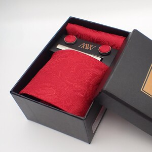 Solid Red Paisley Tie Set / Pocket Square Tie Bowtie Cufflinks Set / Wedding Tie / Tie Clips / Gift for him Mens anniversary Groomsmen Gift