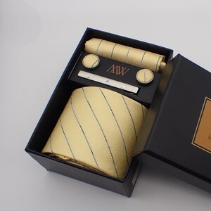 Gold Stripe Necktie Set / Pocket Square Tie Bowtie Cufflinks Set / Wedding Tie / Tie Clips / Gift for him Mens Groomsmen Gift