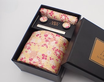Pink Sakura Floral Paisley Tie Set / Pocket Square, Bowtie, Tie Clip, Cufflinks / Gift for Him / Wedding Groomsmen Gift / Men&#39;s Gift Box