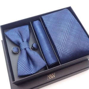 Sharp Royal Blue Plaid & Striped Pattern Tie Set, Groomsmen Gift for Him, Wedding Necktie Set, Hand-made Tie, Anniversary Gift for Men, G...