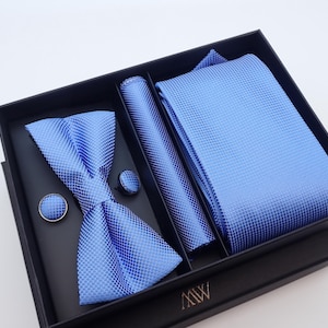 Sky Blue Square Pattern Tie Set / Pocket Square Tie Bowtie Cufflinks Set/Wedding Tie/Tie Clips/ Gift for him Mens anniversary Groomsmen Gift