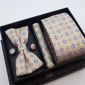 Flower Pattern Gold Tie Set / Pocket Square Tie Bowtie Cufflinks Set / Wedding Tie /Tie Clips/ Gift for him Mens anniversary Groomsmen Gift