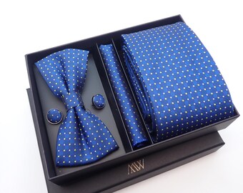 Royal Blue Dot Pattern Necktie Set / Pocket Square Tie Bowtie Cufflinks Set / Wedding Tie / Tie Clips / Gift for him Mens Groomsmen Gift