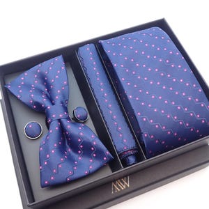 Regency Purple Wave Pattern Bowtie Set / Pocket Square, Tie Clip, Cufflinks / Wedding Groomsmen Gift / Budget Bowtie for Groom