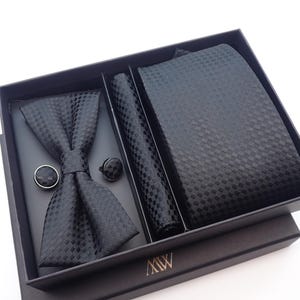 Black Square Pattern Tie Set, Groomsmen Gift Box- Groomsmen Gift Box, Silk Feel Tie Set, Wedding Accessories