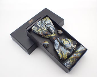 Set Cravatta, Fazzoletto E Gemelli Uomo - Motivo Paisley, 100% Poliestere, Confezione Regalo - Foto 2