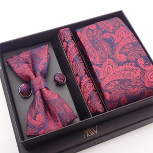 Burgundy Red Paisley Tie Set / Pocket Square Tie Bowtie Cufflinks Set / Wedding Tie / Tie Clips / Gift for him Mens anniversary Groomsmen