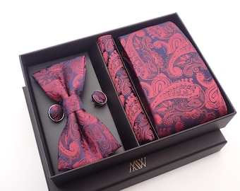 Burgundy Red Paisley Tie Set / Pocket Square Tie Bowtie Cufflinks Set / Wedding Tie / Tie Clips / Gift for him Mens anniversary Groomsmen