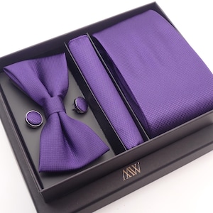 Solid Purple Square Pattern Necktie Set / Pocket Square Tie Bowtie Cufflinks Set / Wedding Tie / Tie Clips / Gift for him Mens Groomsmen