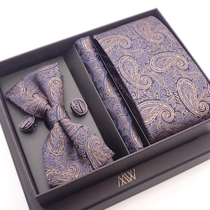 Navy Blue and Copper Gold Paisley Tie Set / Pocket Square Cufflinks Tie Clips / Wedding Tie / Gift for him Mens Groomsmen Formal Dressing