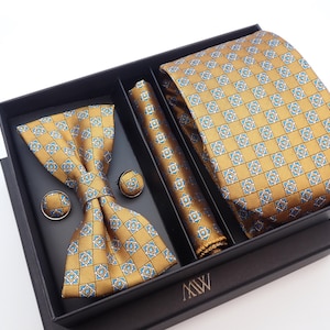 Dusty Gold Square Pattern Necktie Set / Pocket Square Tie Bowtie Cufflinks Set / Wedding Tie / Tie Clips / Gift for him Mens Groomsmen Gift
