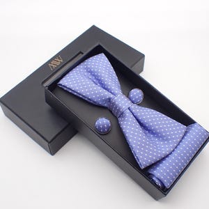 Set papillon a pois azzurri per sposo / set papillon con fazzoletto da taschino e gemelli / cravatta da matrimonio / fermacravatta / regalo per testimone di nozze