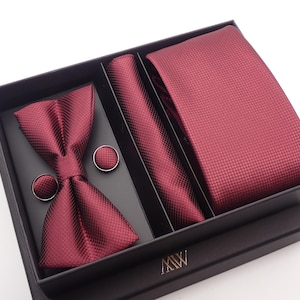 Red Wine Color Square Pattern Tie Set / Pocket Square Tie Bowtie Cufflinks Set / Wedding Tie / Tie Clips / Gift for him Mens Groomsmen Gift
