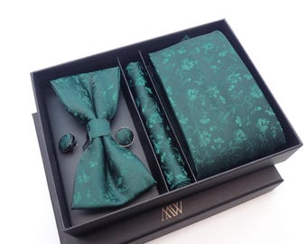 Green Leaf Flower Pattern Tie Set / Pocket Square, Bowtie, Tie Clip, Cufflinks / Gift for Him / Wedding Groomsmen Gift / Men&#39;s Present