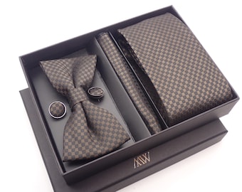 Brown Square Pattern Tie Set / Pocket Square, Bowtie, Tie Clip, Cufflinks / Gift for Him / Wedding Groomsmen Gift / Men&#39;s Present / Box