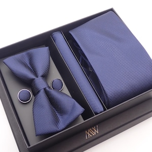 Classic Navy Blue & White Micro-Dot Tie Set, Groomsmen Gift for Him, Wedding Necktie Set, Hand-made Tie, Anniversary Gift for Men, Gift Box
