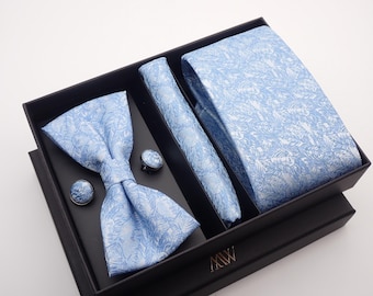 Sky Blue Floral Pattern Tie Set / Pocket Square, Bowtie, Tie Clip, Cufflinks / Gift for Him / Wedding Groomsmen Gift / Men Present Box