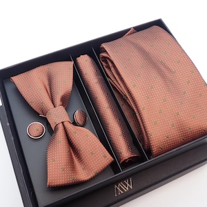 Coffee Brown Dot Pattern Tie Set / Pocket Square Tie Cufflinks Set / Wedding Tie /Tie Clips/ Gift for him / Mens anniversary Groomsmen Gift