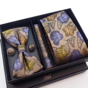 Brown Flower and Leaf Pattern Tie Set / Pocket Square, Bowtie, Tie Clip, Cufflinks / Gift for Him / Wedding Groomsmen Gift / Men Gift Box