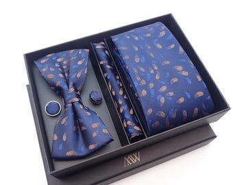 Blue Painting graffiti Paisley Tie Set / Pocket Square, Bowtie Set, Tie Clip, Cufflinks / Gift for Him / Wedding for Groom/ Men&#39;s Present