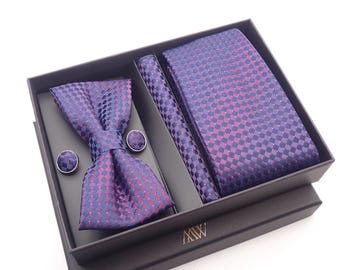Regency Purple Pattern Tie Set / Pocket Square, Bowtie, Tie Clip, Cufflinks / Gift for Him / Wedding Groomsmen Gift / Men&#39;s Present / Box