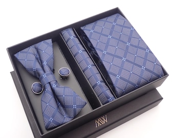 Navy Blue Plaid Pattern Necktie Set / Pocket Square Tie Bowtie Cufflinks Set / Wedding Tie / Tie Clips / Gift for him Mens Groomsmen Gift