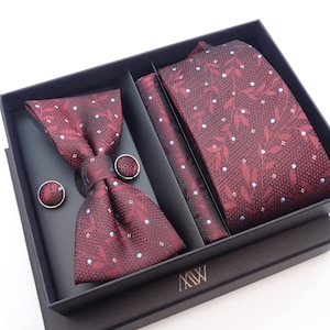 Burgundy Red Floral Pattern Tie Set / Pocket Square, Bowtie, Tie Clip, Cufflinks / Gift for Him / Wedding Groomsmen Gift / Men&#39;s Gift Box