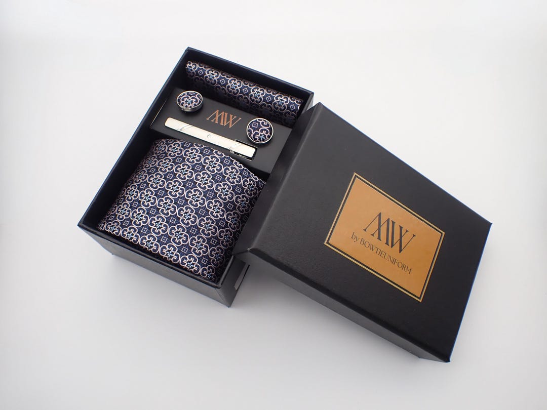 Mens Navy Gridded Squares Matching Bow Tie, Pocket Square & Cuff Links Set