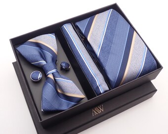 Silver Blue and Gold Stripe Pattern Tie Set / Pocket Square, Tie Clip, Cufflinks / Gift for Him / Wedding Groomsmen Gift / Men&#39;s Gift Box