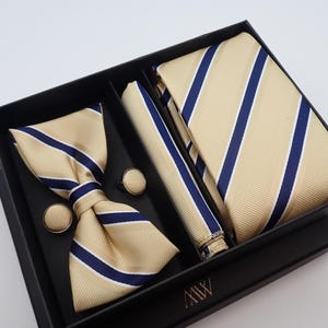 Champagne Stripe Tie Set / Pocket Square Tie Bowtie Cufflinks Set / Wedding Tie /Tie Clips/ Gift for him / Mens anniversary Groomsmen Gift