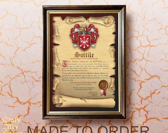 May include: A framed parchment document with a coat of arms and text about the Sottile family history. The document is on a brown background with a gold frame.