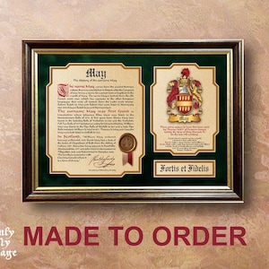 Historia nazwiska i herbu rodzinnego 20"x15", zaprojektowana jako oryginalna kompozycja heraldyczna i pieczęć trójwymiarowa. Wydruk. Ozdobna rama. Herb rodzinny.