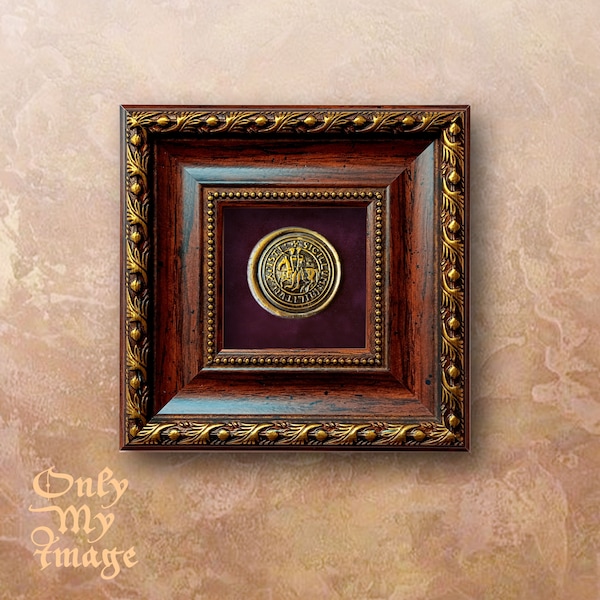 Great Seal of the Templars in a frame with a gold pattern that emphasizes the beauty of the seal.