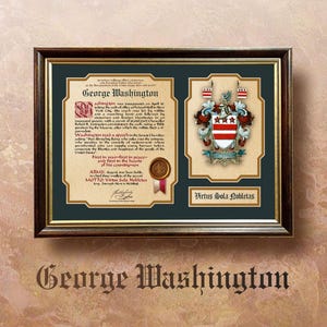 Escudo de armas de George Washington, de 20" x 15", diseñado como una composición heráldica original y sello 3D. Impresión. Marco decorativo.