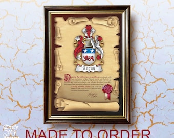 May include: A framed certificate with a coat of arms featuring a red, white, and blue shield with a lion and stars. The text "Angus" is printed below the shield. The certificate is on parchment paper with a brown background and a gold frame.