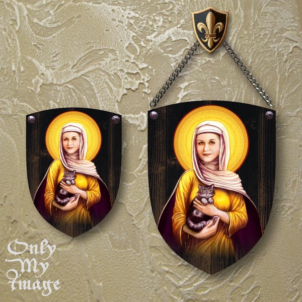 Saint Gertrude of Nivelles Patron saint of cats icon on a wooden shield with old real nails.