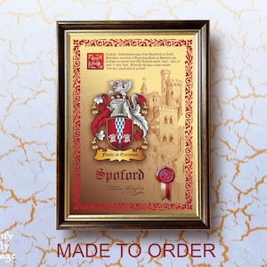 Courte histoire du nom de famille et des armoiries, conçue comme une composition héraldique originale et un sceau 3D. Impression. Cadre décoratif. Blason familial